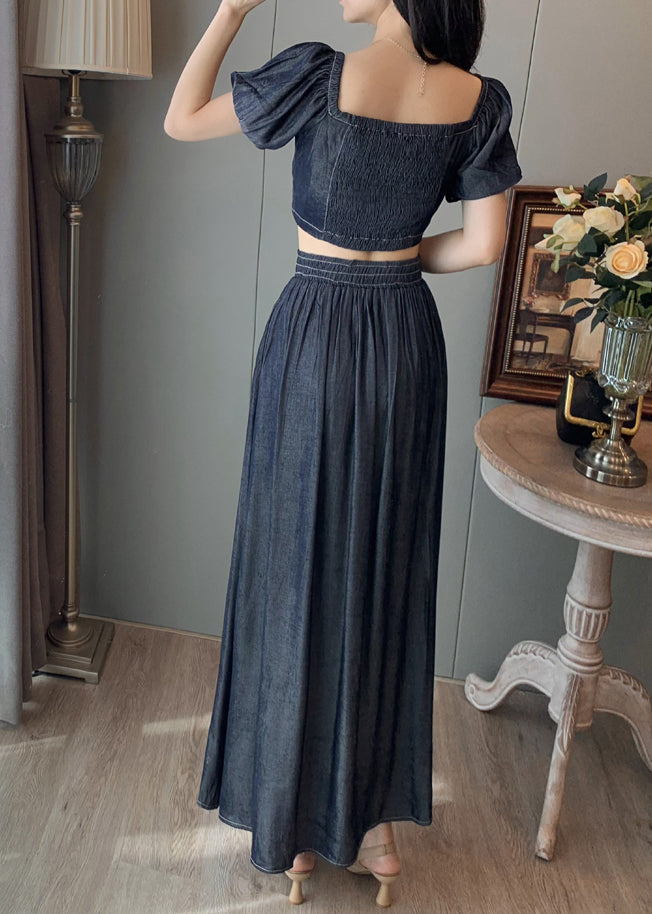 Navy Square Collar Side Open Denim Two-piece Set Summer