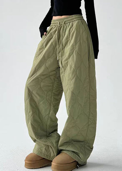 Army Green Pockets Elastic Waist Cotton Filled Pants Winter