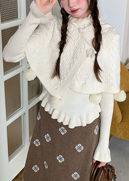 White Ruffled Cotton Knit Cloak and Sweaters Two Pieces Set Flare Sleeve