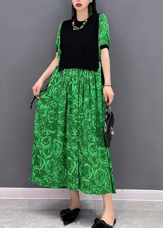 Green O-neck Print Waistcoat Patchwork Holiday Dress Short Sleeve