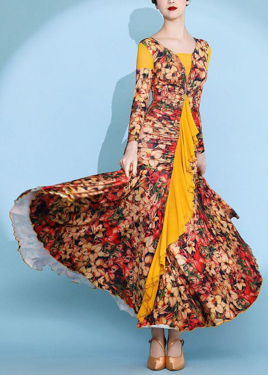 Yellow Wrinkled Print Patchwork Cotton Long Dress Spring