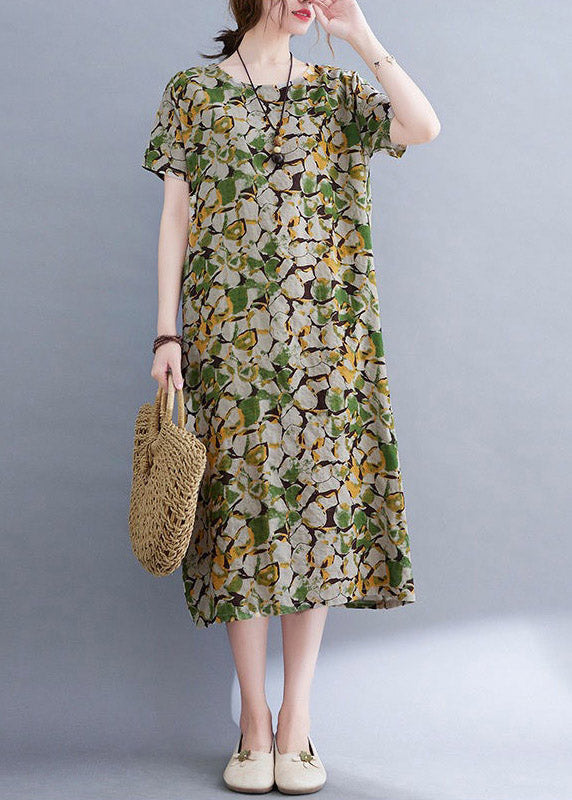 Green O-neck Print Pockets Long Dress Short Sleeve