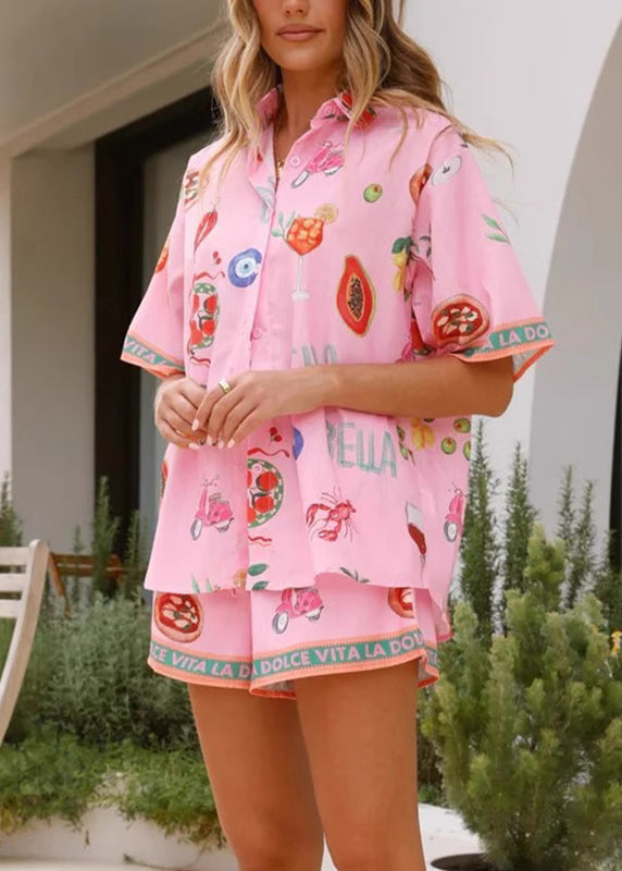 Pink Peter Pan Collar Shirts and Shorts Two Pieces Set Short Sleeve
