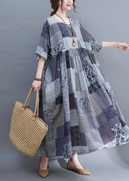 Blue Plaid O-neck Wrinkled Exra Large Hem Dress Half Sleeve