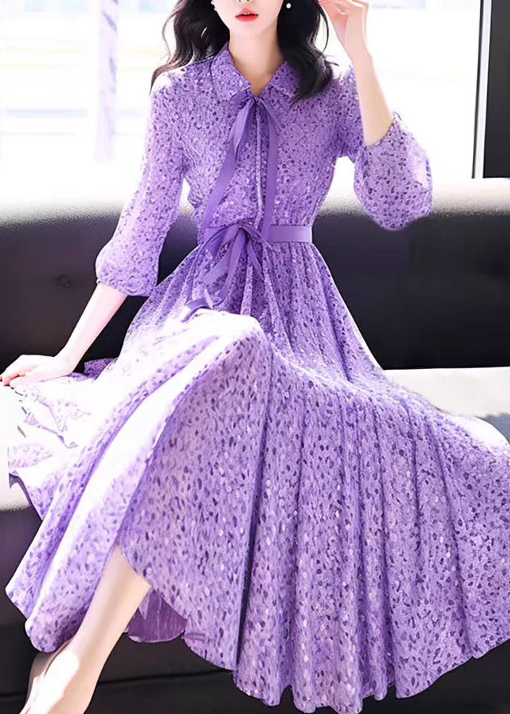 Purple Peter Pan Collar Print Chiffon Dress Bracelet Sleeve Summer
