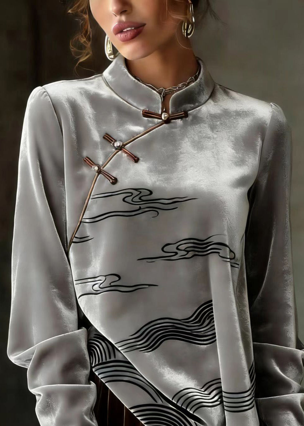 Chinese Style Grey Oriental Button Velour Shirts Spring