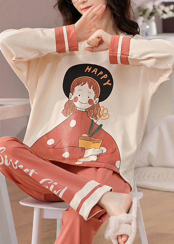 Beige Print T Ahirt and Orange Pants Cotton Pajamas Two Pieces Set Fall