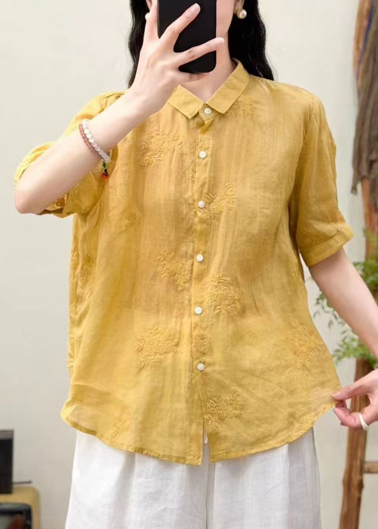 Boutique Yellow Embroidered Linen Loose Shirts Summer