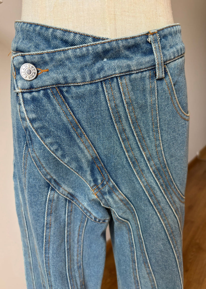 Blue Asymmetrical Design Pockets Denim Flared Trousers Fall