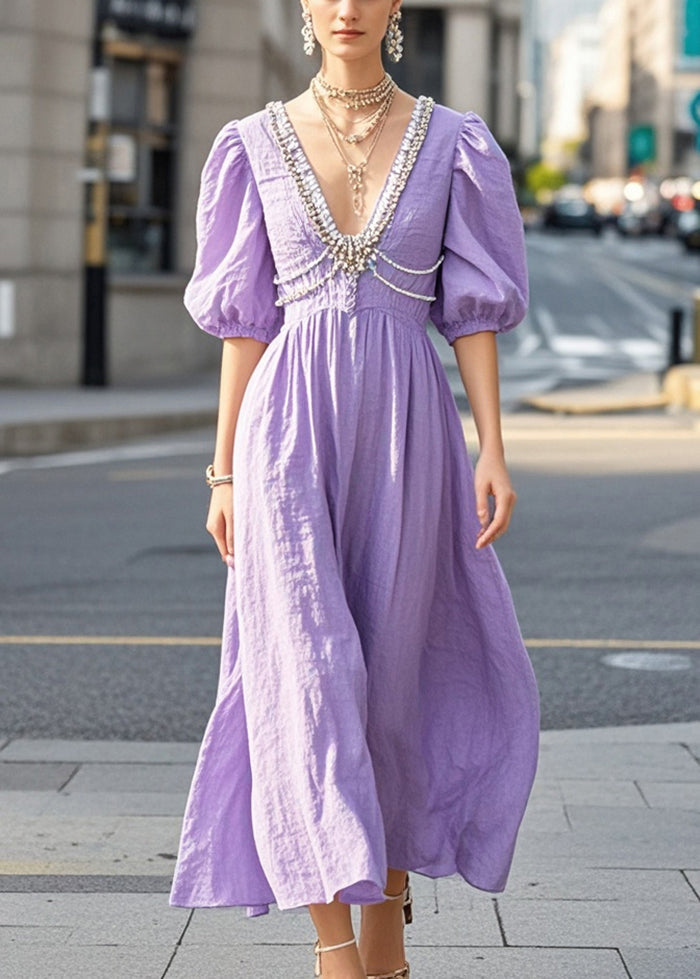 Diy Purple Puff Sleeve Nail Bead Cotton Dress Summer