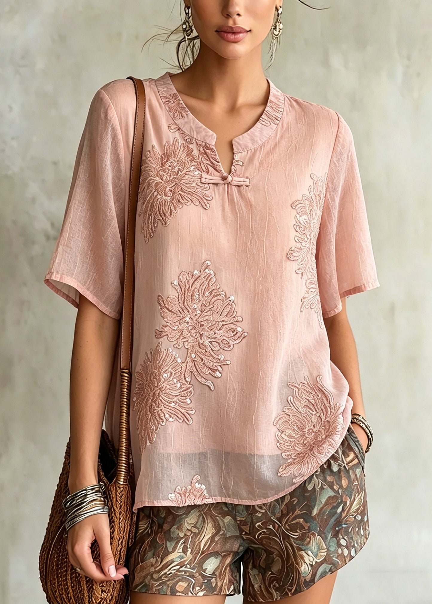 Pink O-neck Patchwork Chiffon Shirt Summer