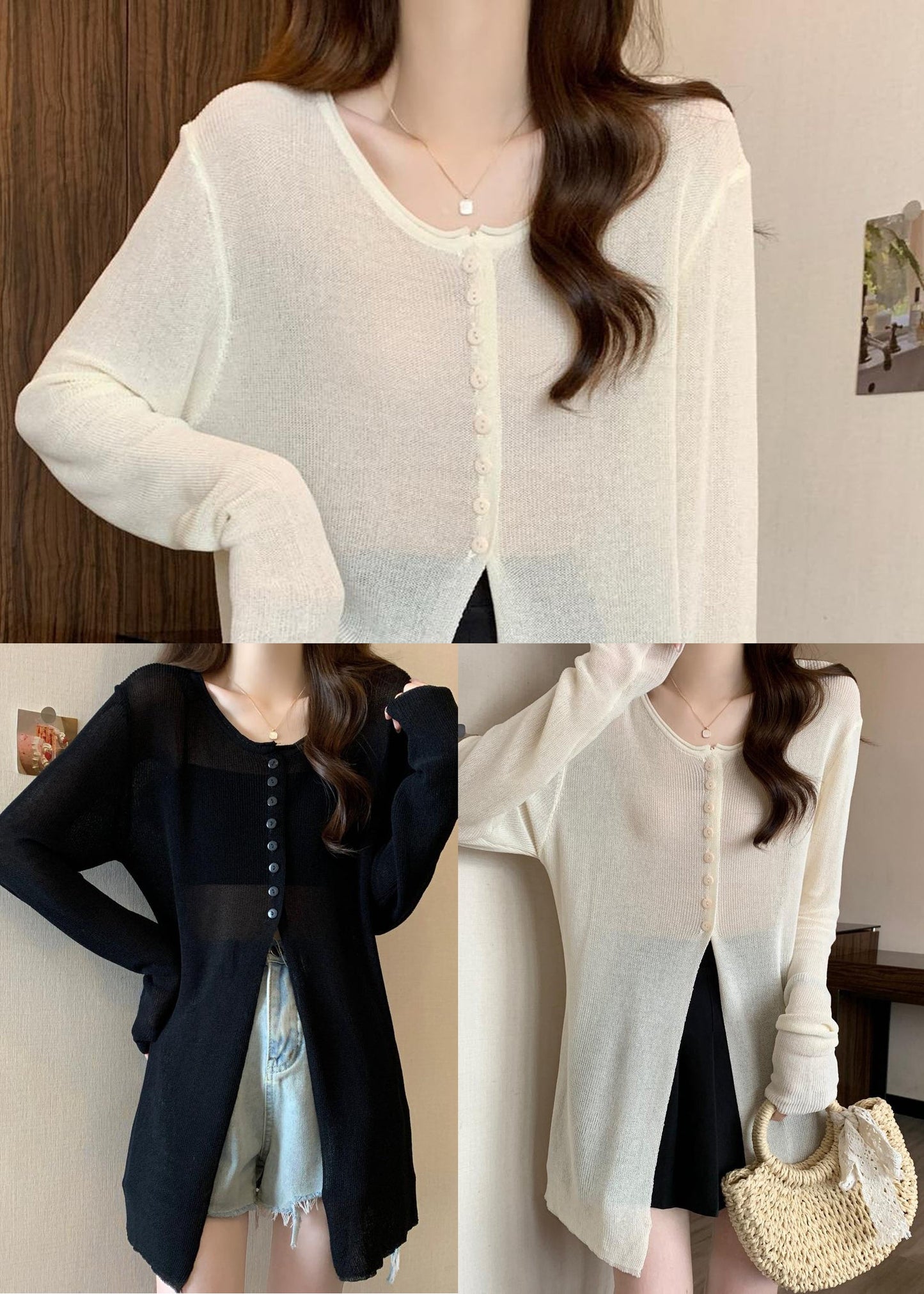 White Side Open Single Breasted Knit Sweater Fall