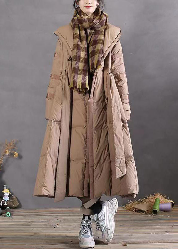Khaki Hooded Tie Waist Patchwork Duck Down Long Coat Winter