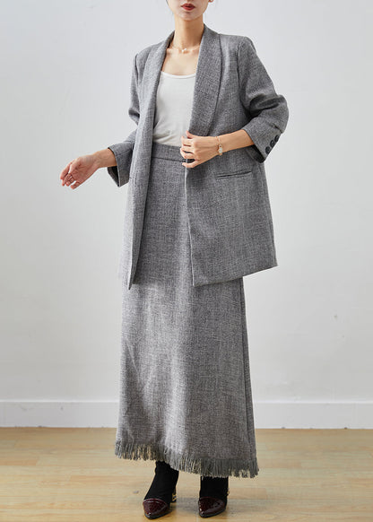 Grey Tasseled Linen Sets 2 Pieces Winter