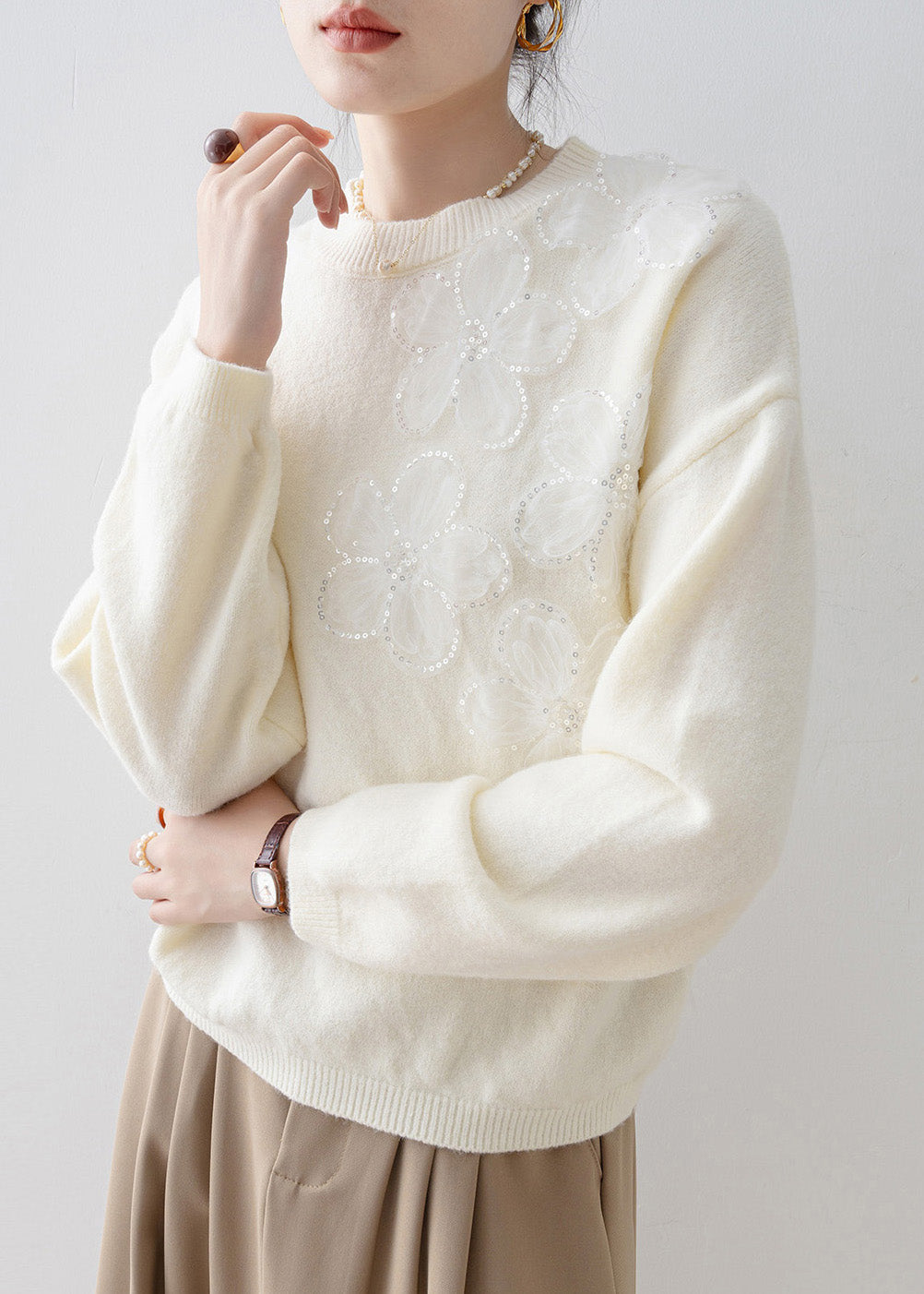 French White O Neck Sequins Knit Sweater Tops Spring