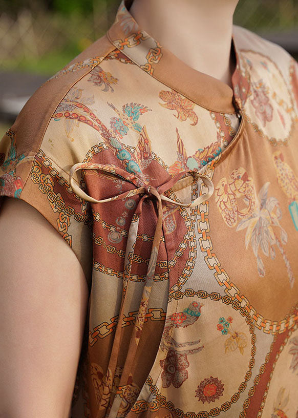 Original Design Khaki Mandarin Collar Print Side Open Silk Dresses Sleeveless