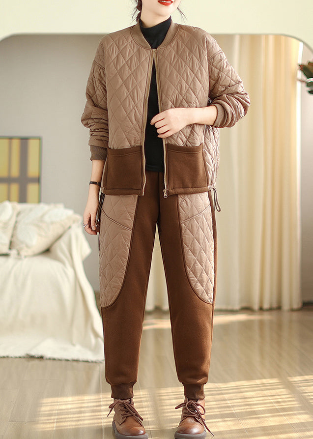 Light Brown Fine Cotton Filled Sport Two Piece Set Winter