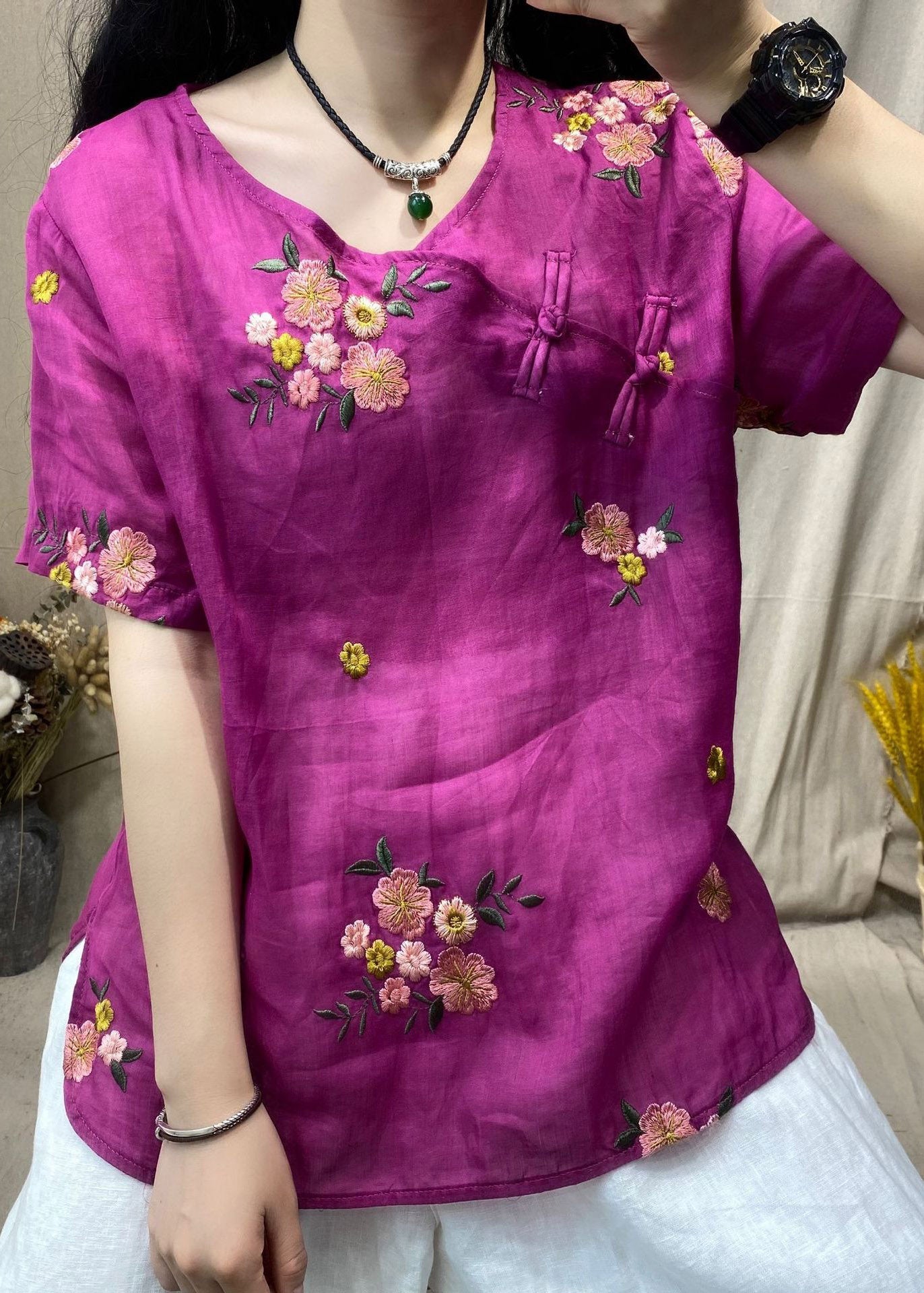 Rose O-neck Embroideried Button Side Open Linen Shirt Short Sleeve