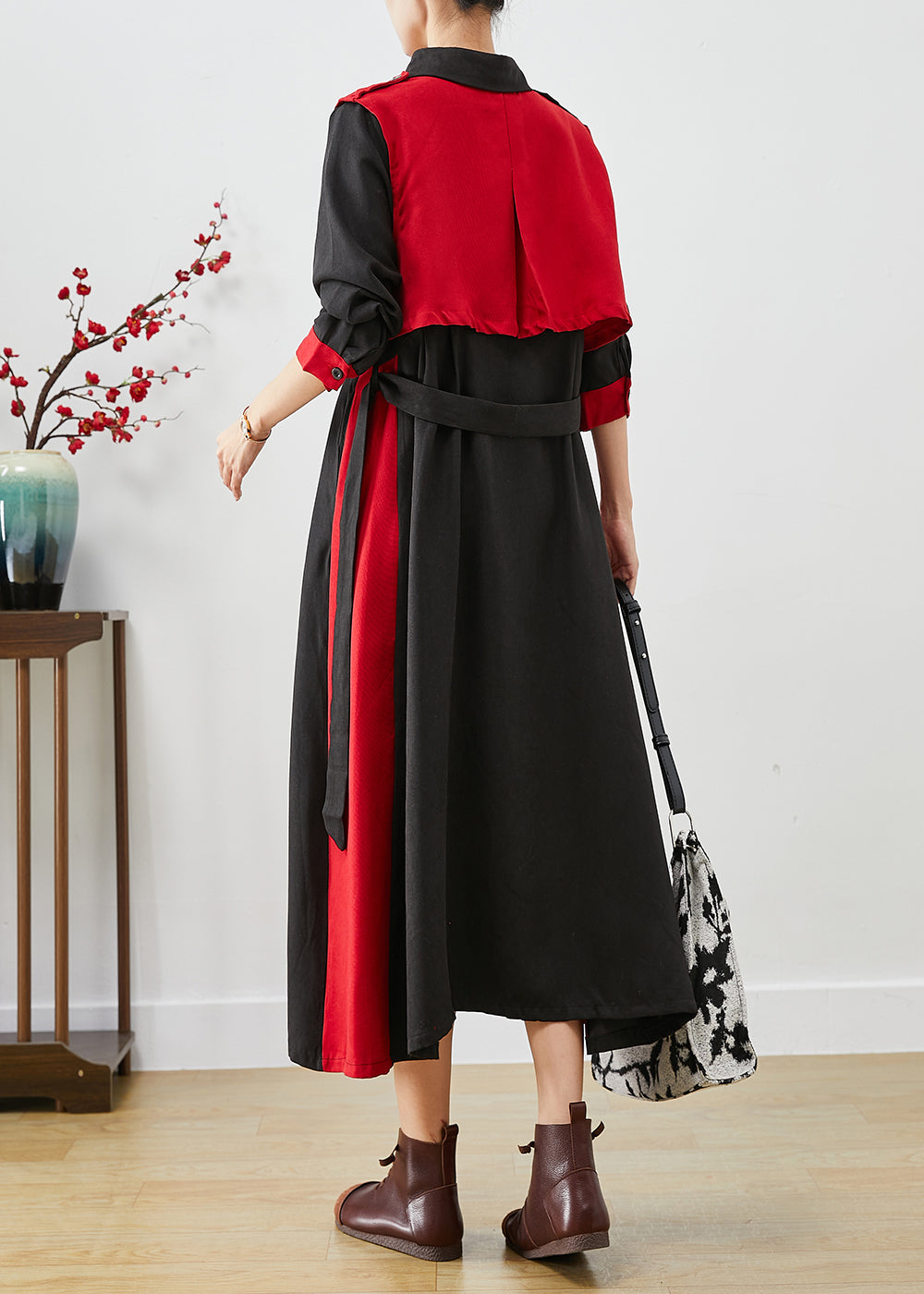 Red Patchwork Cotton Dress and Vest Two Pieces Set Tie Waist Fall