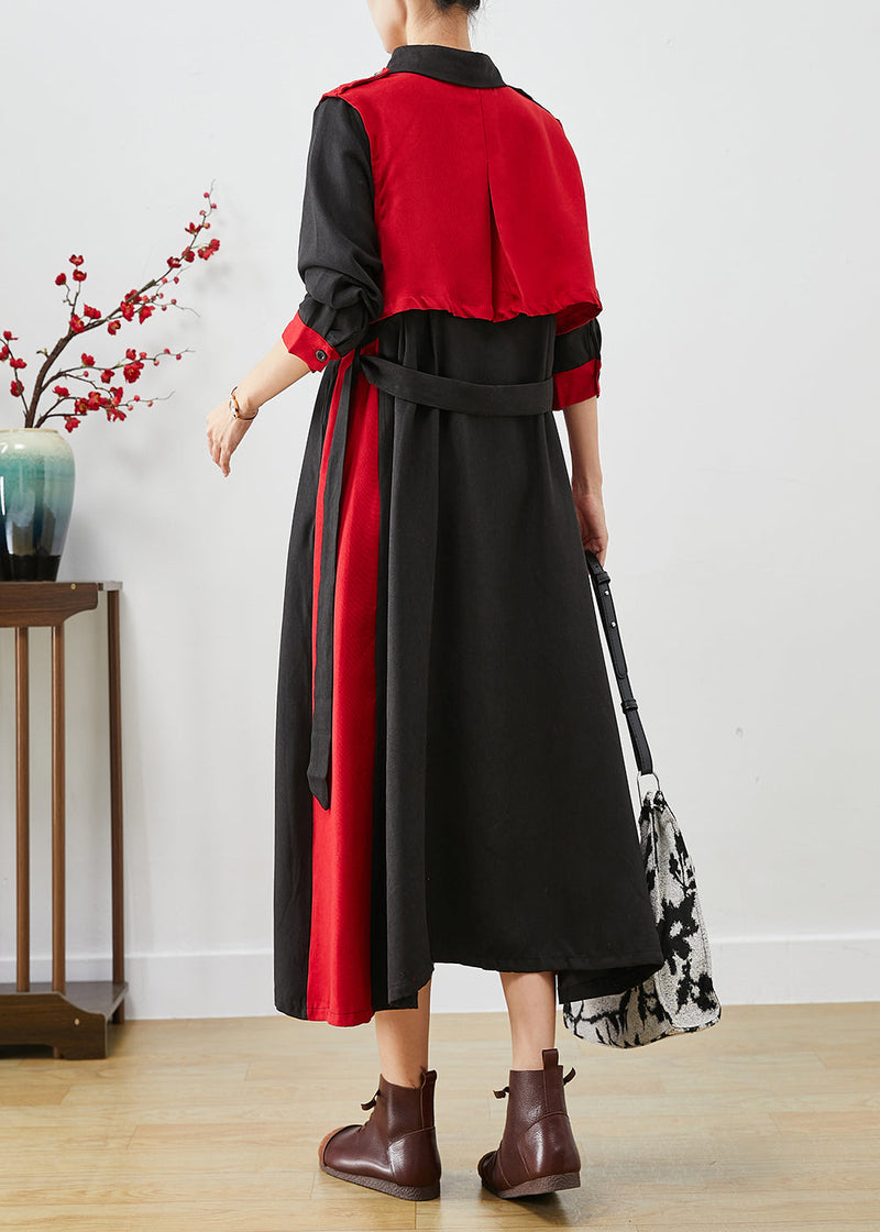 Red Patchwork Cotton Dress and Vest Two Pieces Set Tie Waist Fall