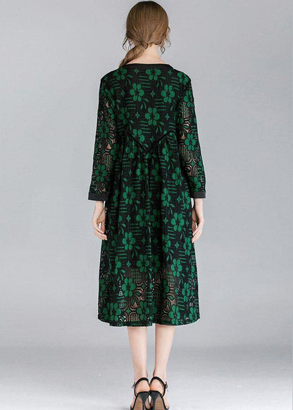 Fitted Green Hollow Out Jacquard Spring Long Sleeve Mid Dress