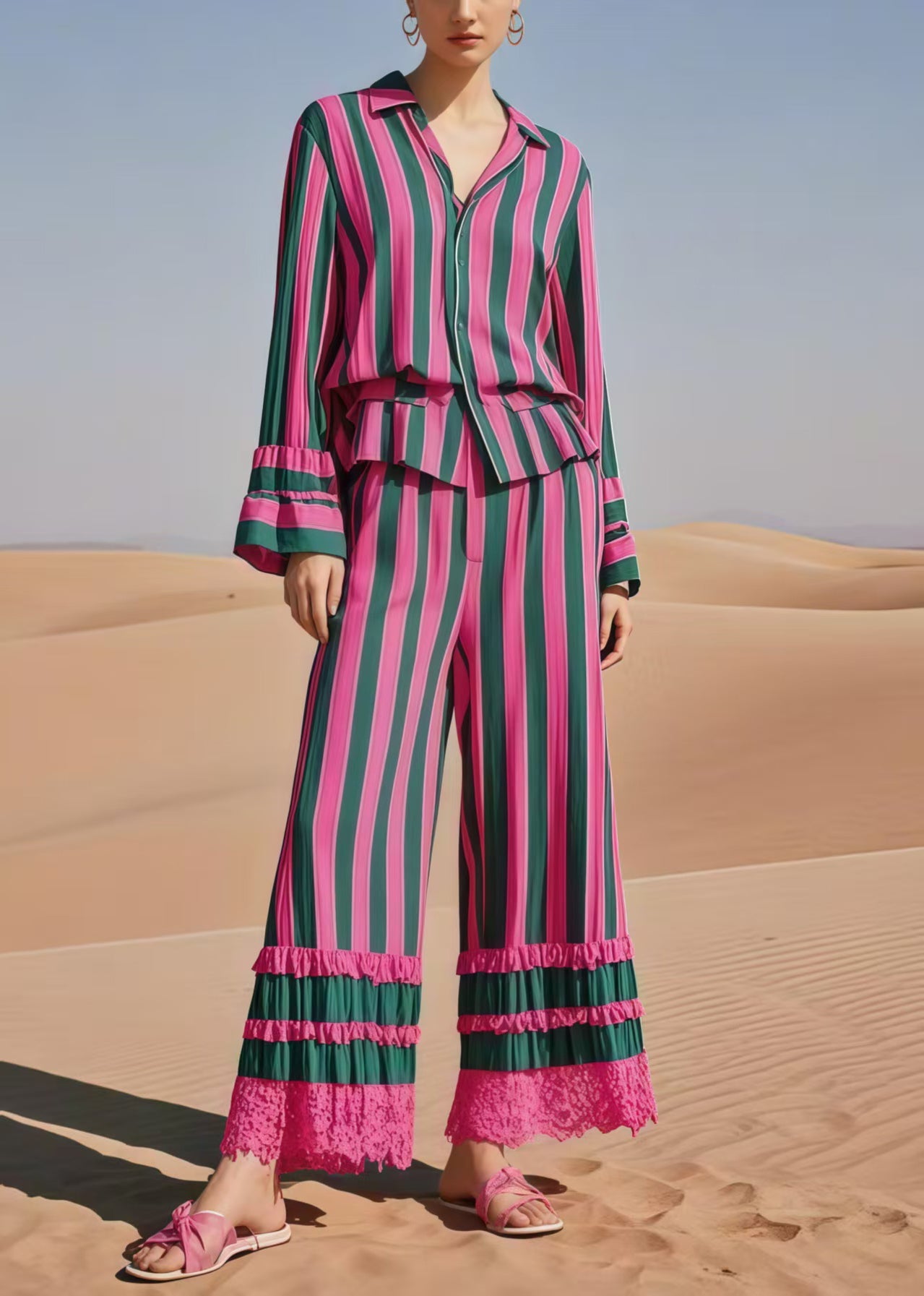 Multicolour Striped Patchwork Lace Two Piece Suit Set Spring