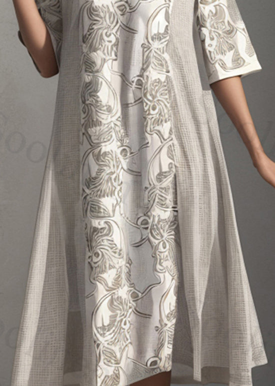 Apricot O Neck Print Patchwork Silk Dress Summer