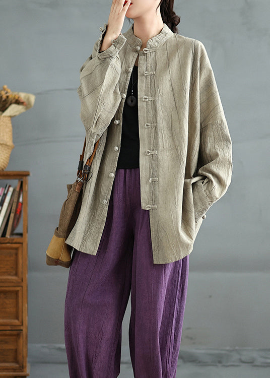 Khaki Oriental Button Cotton Shirt Top Spring