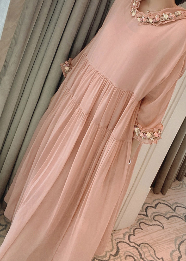 Simple Pink Wrinkled Hoold Silk Maxi Dresses Flare Sleeve