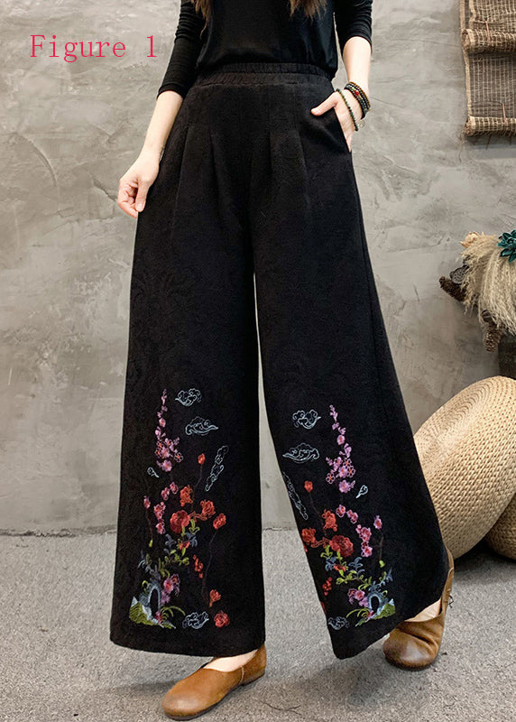 Style Embroidered Elastic Waist Wide Leg Pants Spring