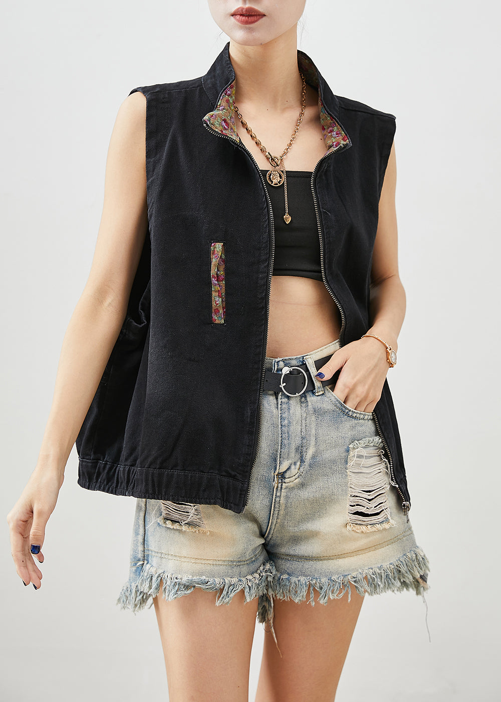 Black Stand Collar Zippered Denim Vest Fall