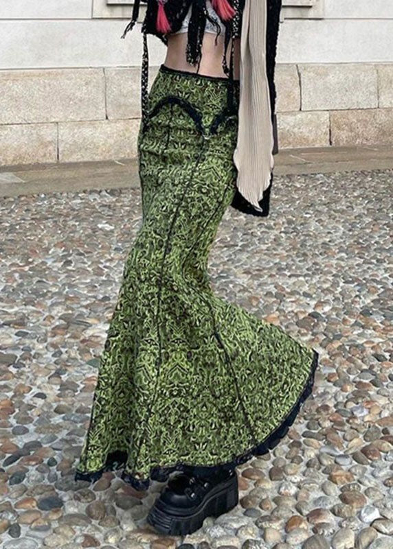 Diy Green Patchwork Lace Print High Waist Cotton Skirt Spring