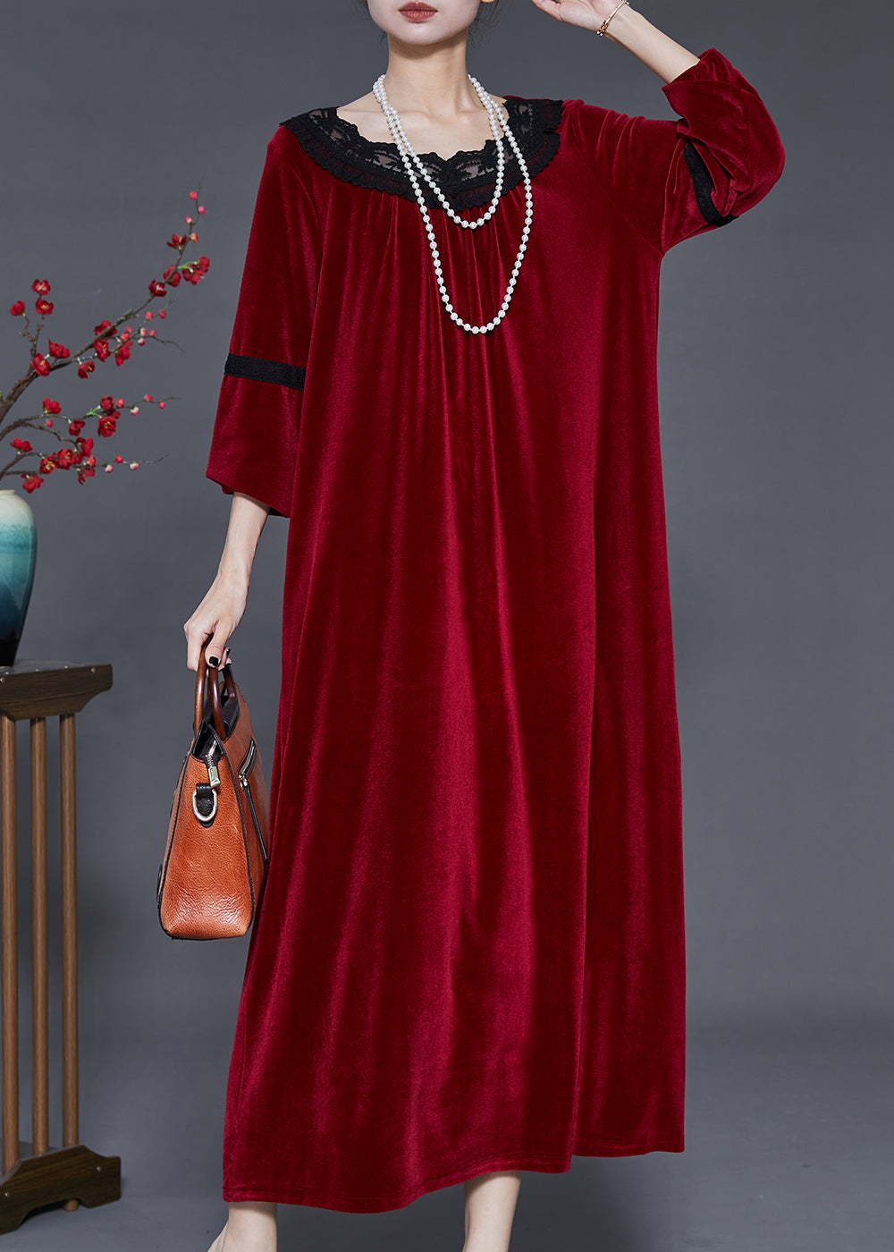 Mulberry Oversized Patchwork Lace Silk Velour Dress Fall