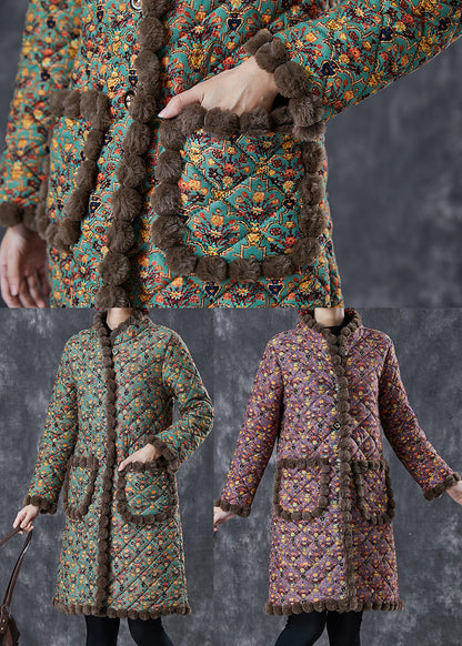 Purple Print Warm Fleece Coat Oversized Stand Collar Winter