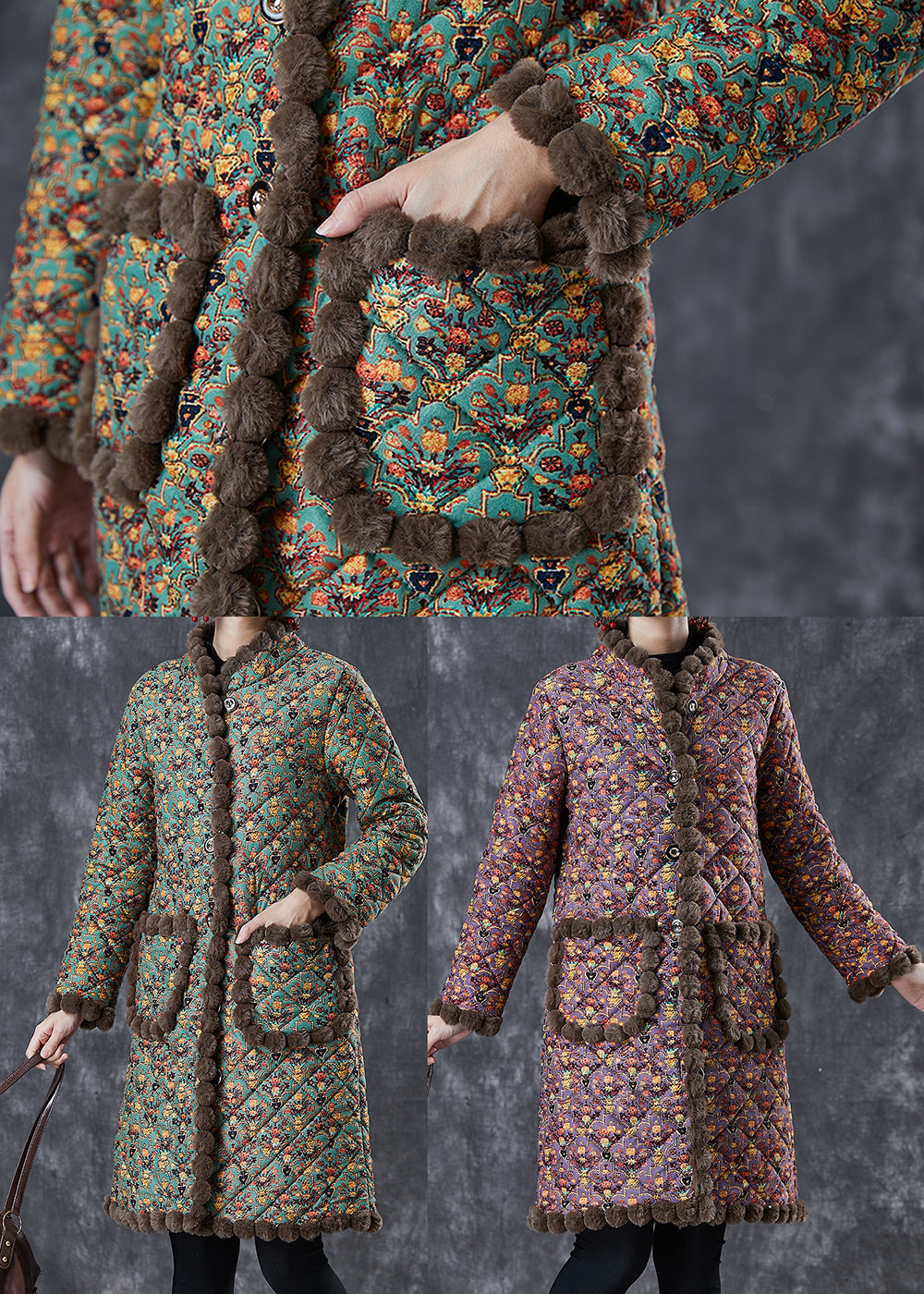 Art Green Oversized Print Warm Fleece Coat Winter