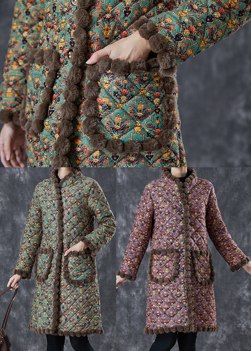 Art Green Oversized Print Warm Fleece Coat Winter