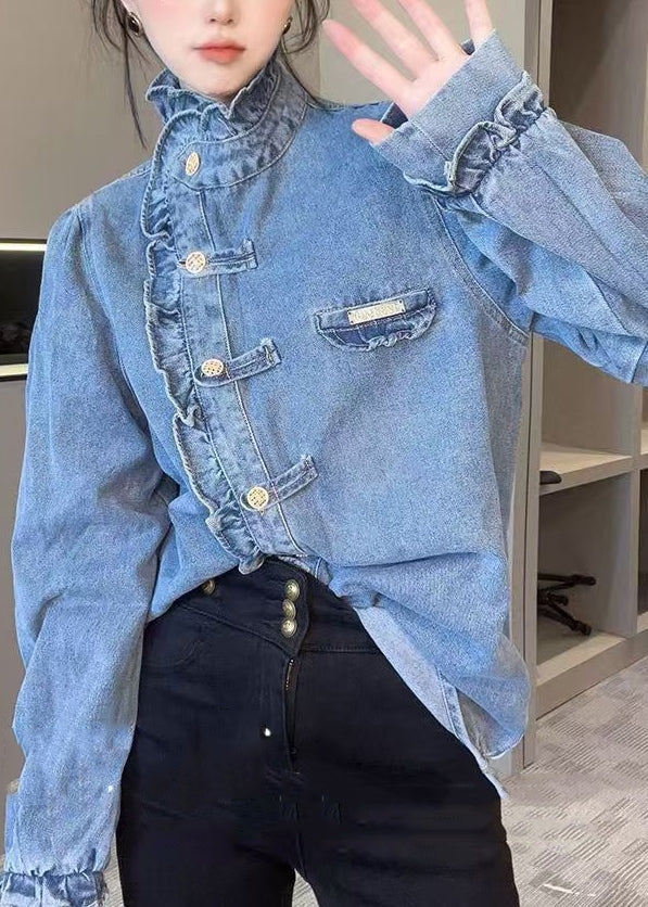 Blue Ruffled Button Patchwork Cotton Shirt Top Fall