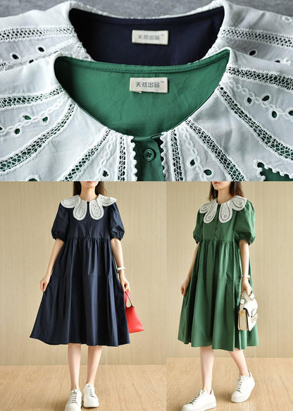 Navy Peter Pan Collar Patchwork Summer Cotton Dresses Short Sleeve