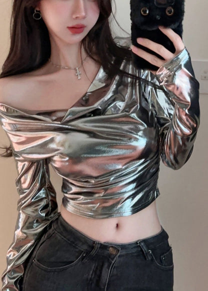 Original Design Silvery Turtle Neck Tops Spring