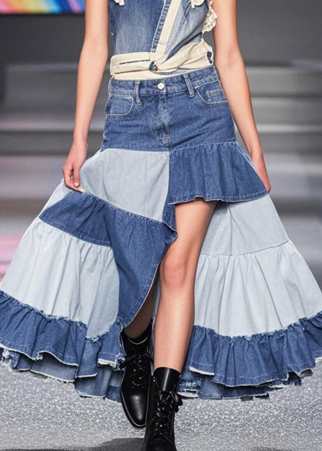 Modern Colorblock Ruffled Patchwork Denim a Line Skirt Spring