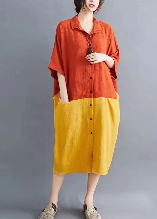Orange Patchwork Yellow Peter Pan Collar Button Pockets Maxi Shirts Dress Summer