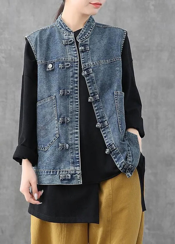 Retro Light Blue O-neck Patchwork Button Pockets Cotton Denim Waistcoat Sleeveless