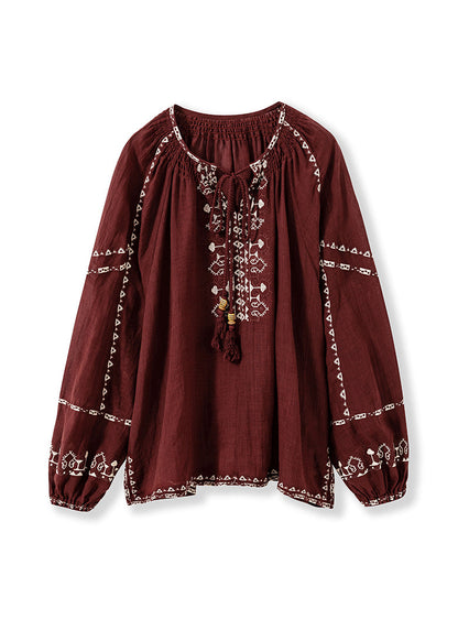 Mulberry Embroidered Patchwork Cotton Blouse Top Lantern Sleeve