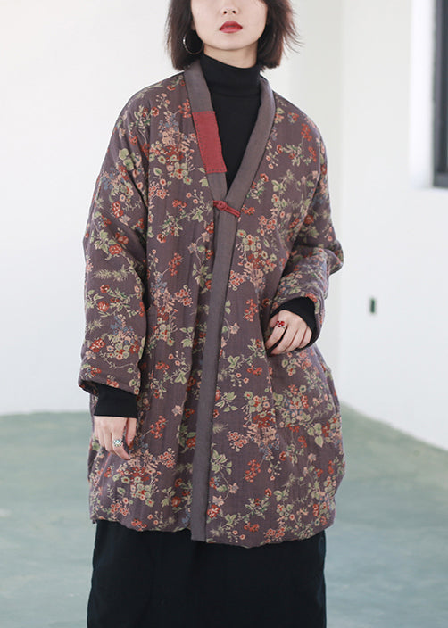 Purple Print Chinese Button Fine Cotton Filled Coats Winter