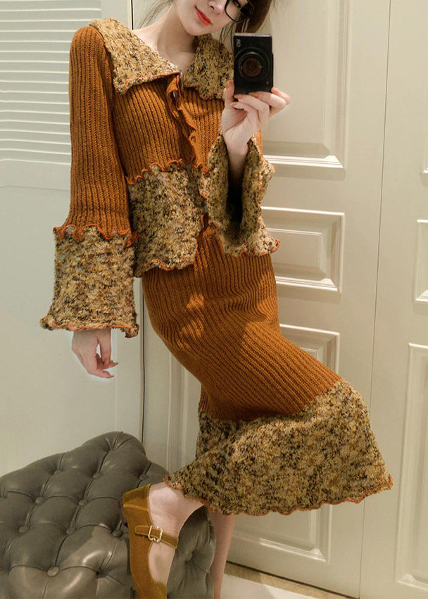 Unique Coffee Peter Pan Collar Ruffled Patchwork Cotton Knit Top and Maxi Skirts Two Pieces Set Flare Sleeve