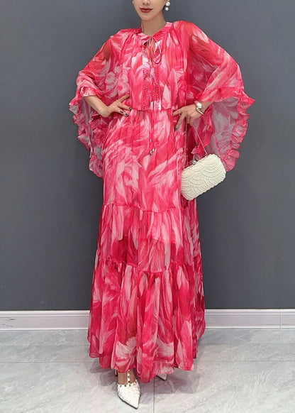 Pink Flower Ruffled Chiffon Maxi Dress Batwing Sleeve
