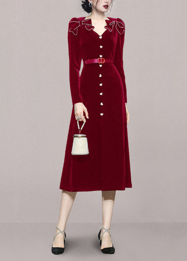 Red V Neck Bow Tie Waist Patchwork Velour Long Dress Fall
