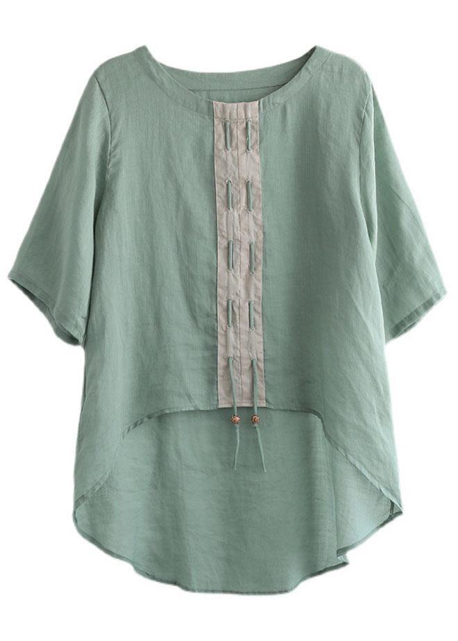 Khaki Low High Design Design Patchwork Summer Linen Shirt Tops