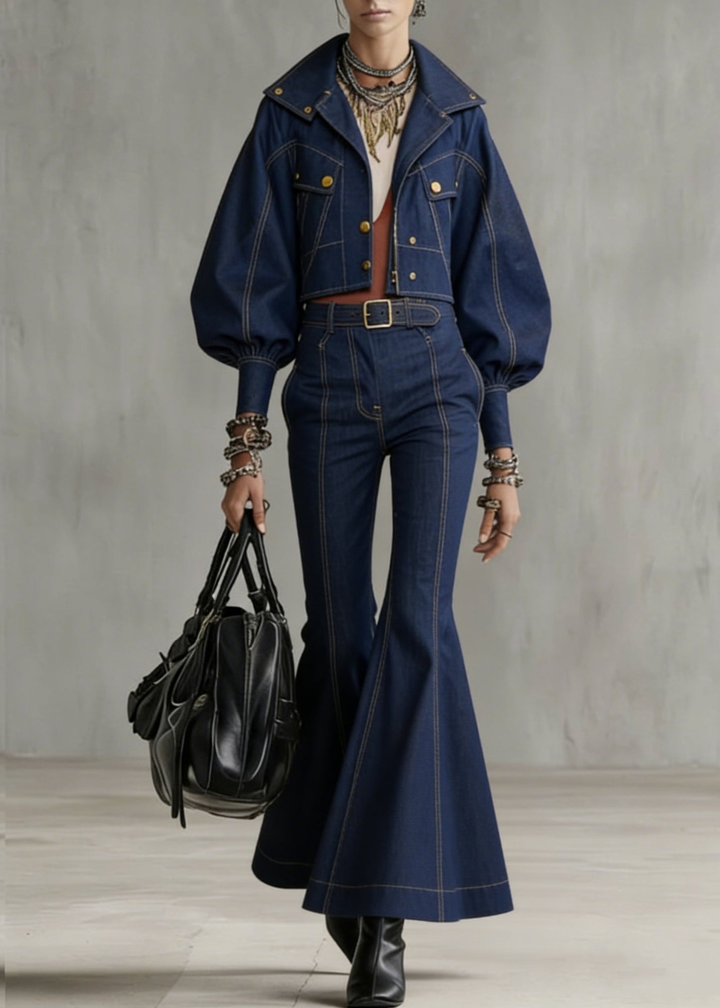 Novelty Denim Blue Patchwork Coat and Flared Trousers Two Pieces Set Flare Sleeve