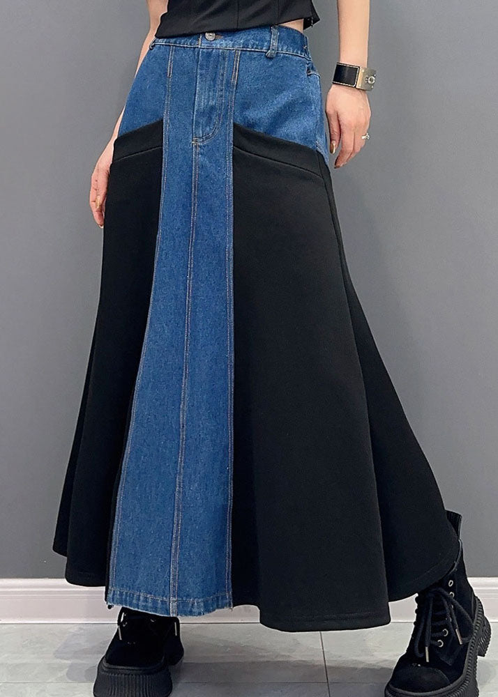 Blue Patchwork Black High Waist Denim Maxi Fish Tail Skirts